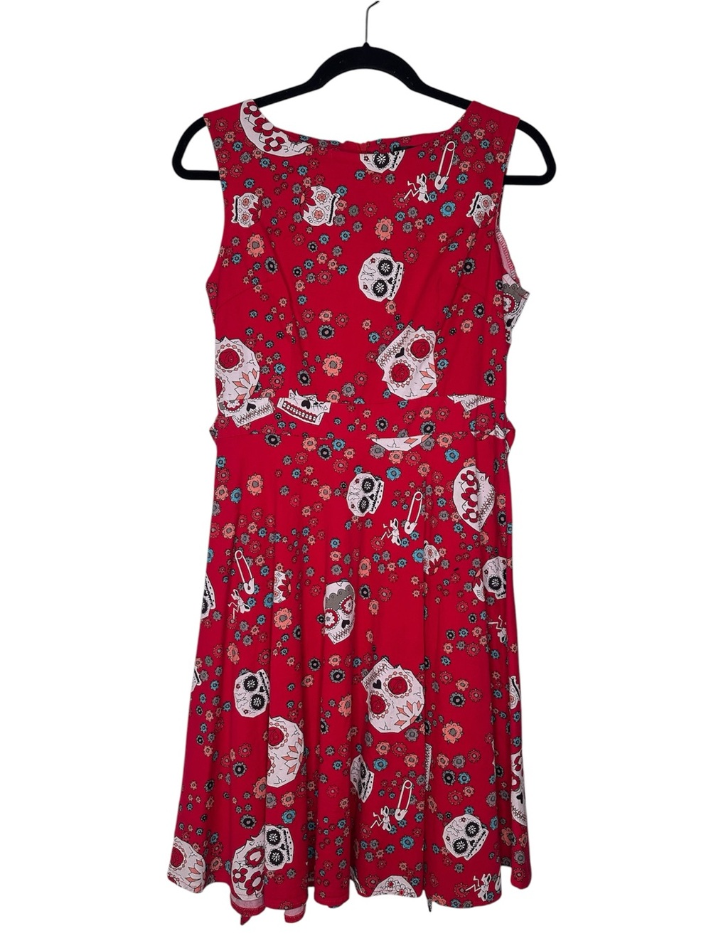 Sleeveless Red Midi Dress with Floral & Skull Print